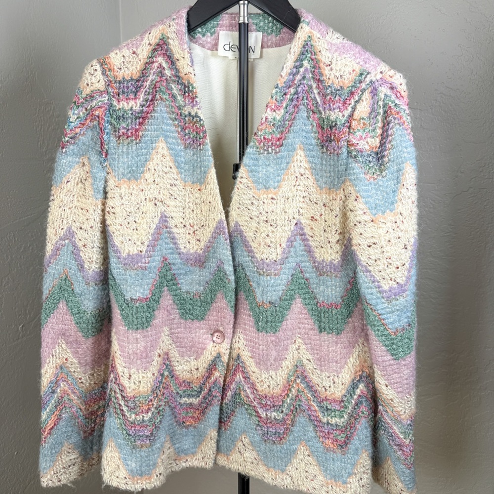 Devon Pastel Vintage Retro Zigzag Crochet Cardigan Textured Knit Size 10